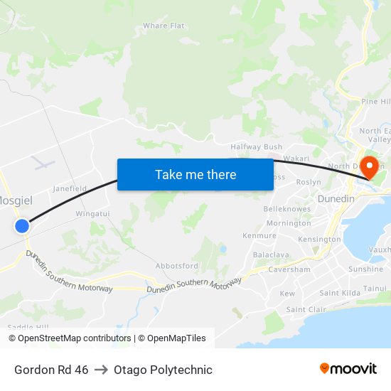 Gordon Rd 46 to Otago Polytechnic map