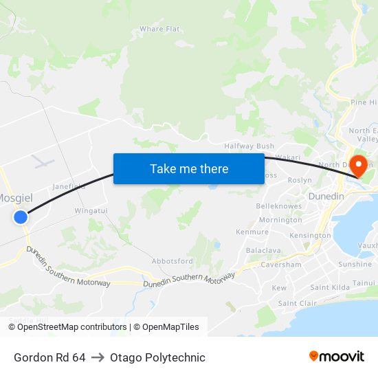 Gordon Rd 64 to Otago Polytechnic map