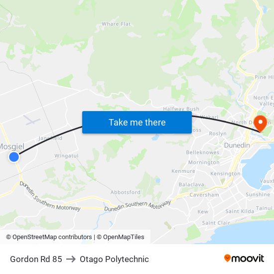 Gordon Rd 85 to Otago Polytechnic map