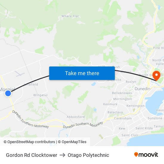 Gordon Rd Clocktower to Otago Polytechnic map