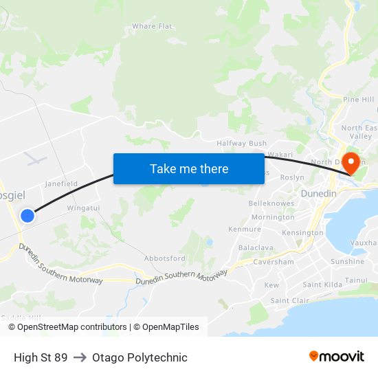 High St 89 to Otago Polytechnic map