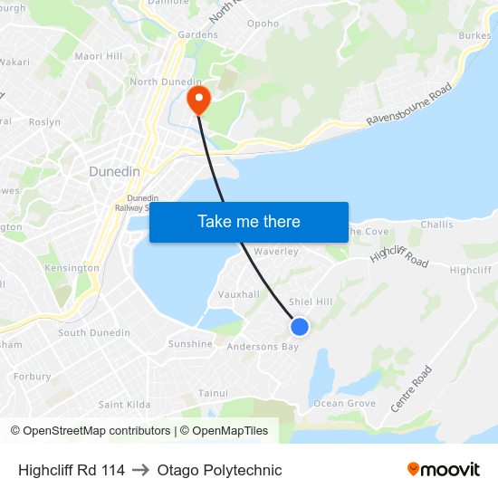 Highcliff Rd 114 to Otago Polytechnic map