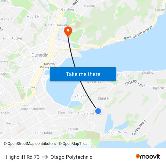 Highcliff Rd 73 to Otago Polytechnic map