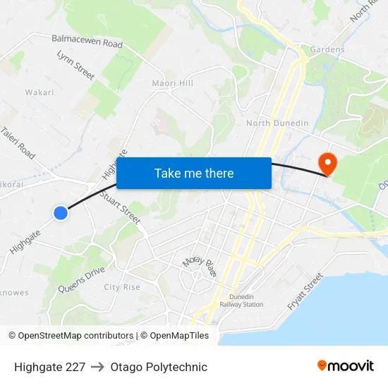 Highgate 227 to Otago Polytechnic map