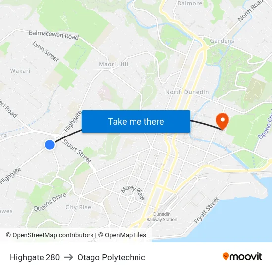 Highgate 280 to Otago Polytechnic map