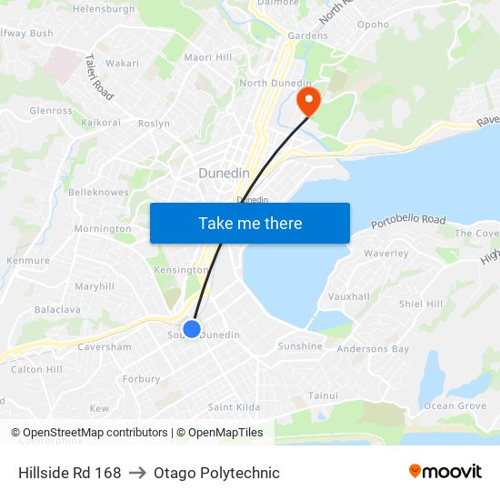Hillside Rd 168 to Otago Polytechnic map