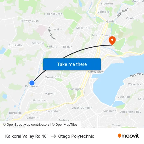 Kaikorai Valley Rd 461 to Otago Polytechnic map