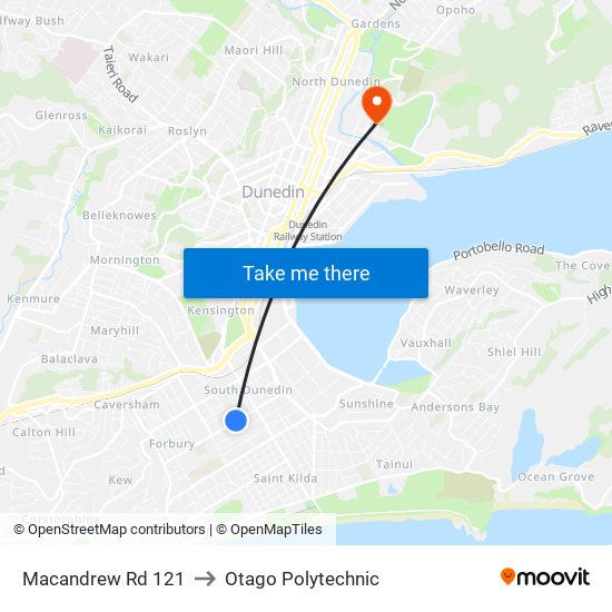 Macandrew Rd 121 to Otago Polytechnic map