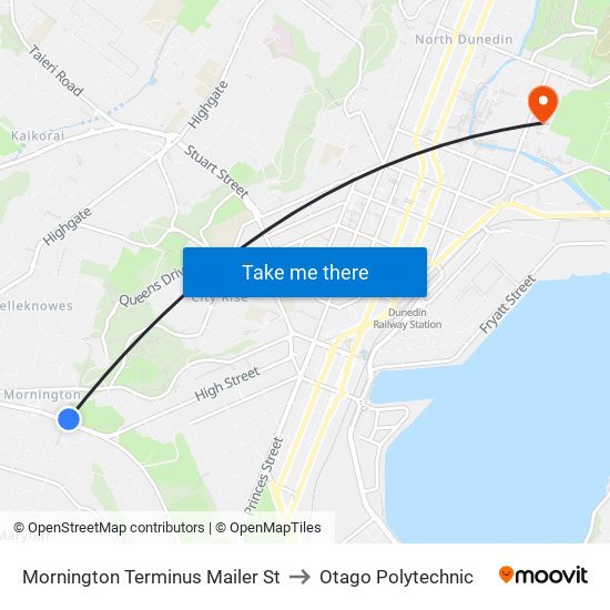 Mornington Terminus Mailer St to Otago Polytechnic map