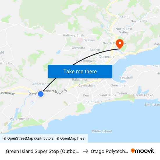 Green Island Super Stop (Outbound) to Otago Polytechnic map
