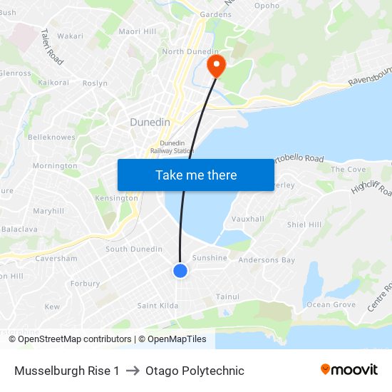Musselburgh Rise 1 to Otago Polytechnic map