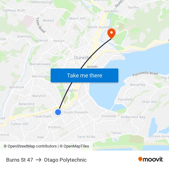 Burns St 47 to Otago Polytechnic map