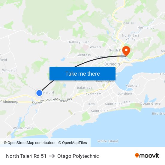 North Taieri Rd 51 to Otago Polytechnic map