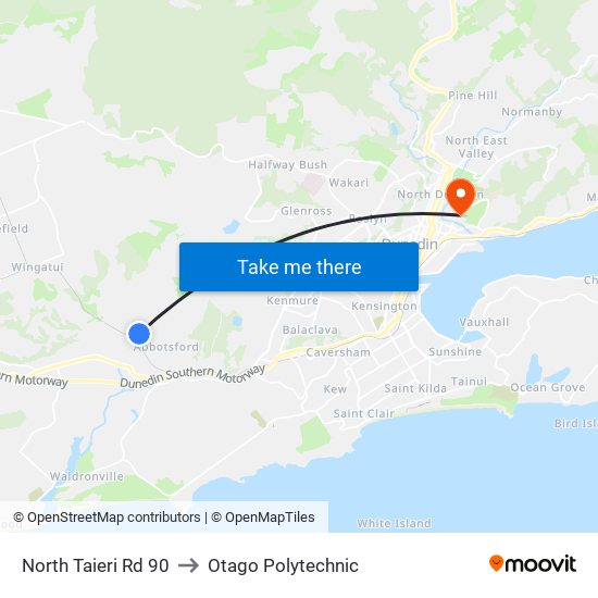 North Taieri Rd 90 to Otago Polytechnic map