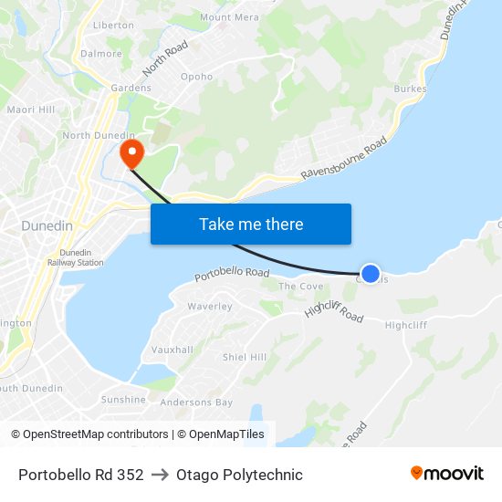 Portobello Rd 352 to Otago Polytechnic map