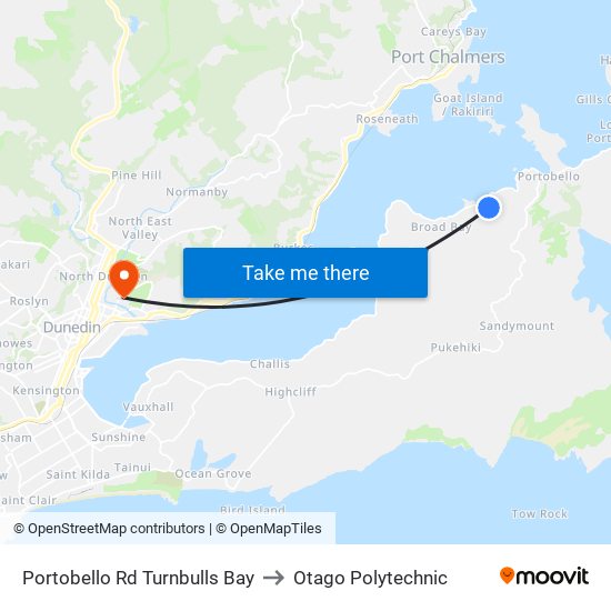 Portobello Rd Turnbulls Bay to Otago Polytechnic map