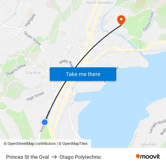Princes St the Oval to Otago Polytechnic map