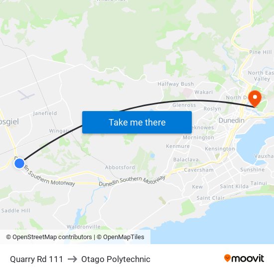 Quarry Rd 111 to Otago Polytechnic map