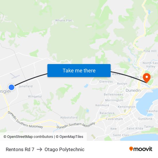 Rentons Rd 7 to Otago Polytechnic map