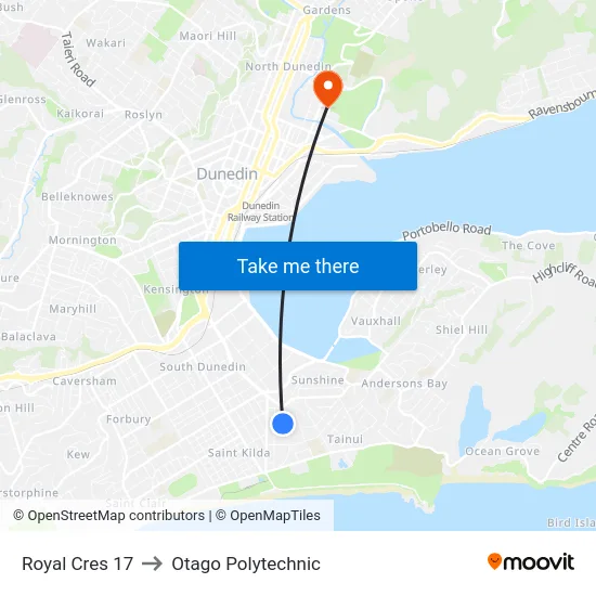 Royal Cres 17 to Otago Polytechnic map