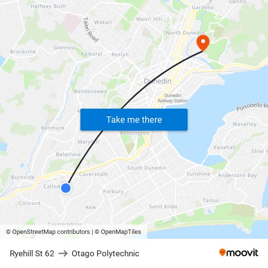 Ryehill St 62 to Otago Polytechnic map