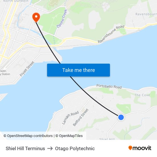 Shiel Hill Terminus to Otago Polytechnic map