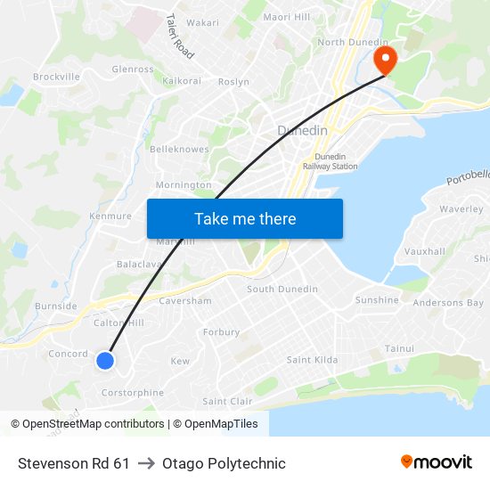 Stevenson Rd 61 to Otago Polytechnic map
