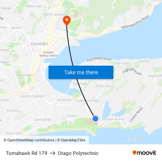 Tomahawk Rd 179 to Otago Polytechnic map