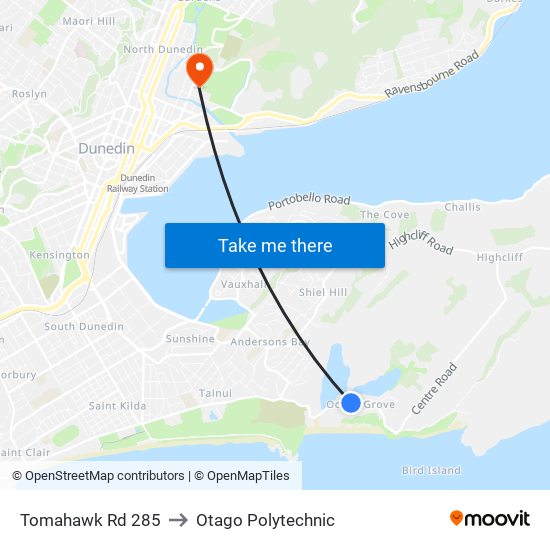 Tomahawk Rd 285 to Otago Polytechnic map