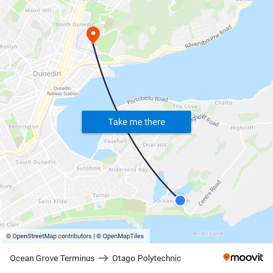 Ocean Grove Terminus to Otago Polytechnic map