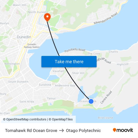 Tomahawk Rd Ocean Grove to Otago Polytechnic map