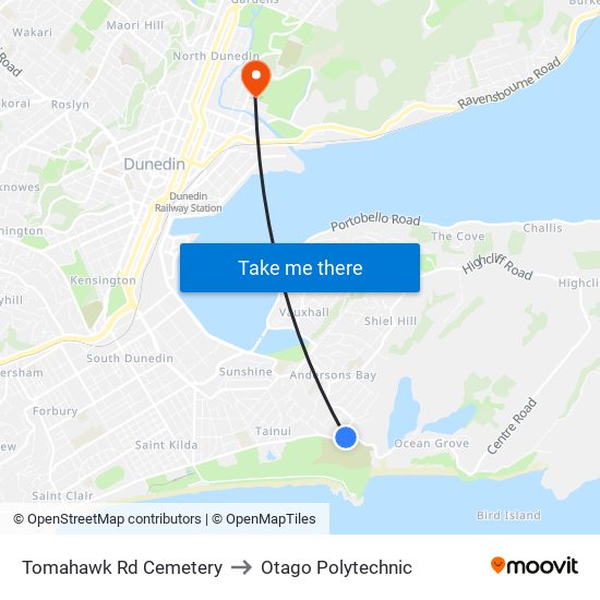 Tomahawk Rd Cemetery to Otago Polytechnic map