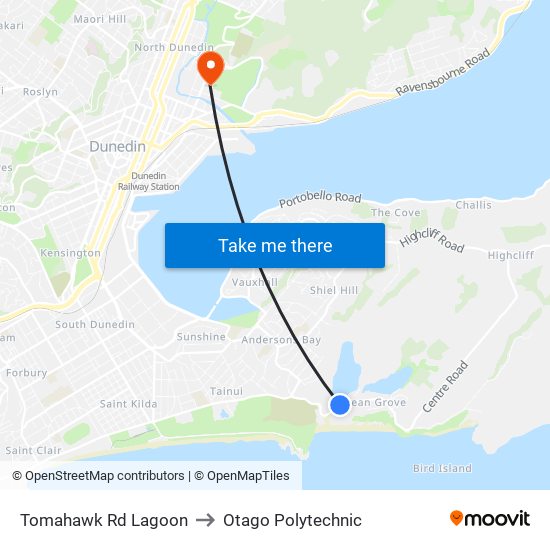 Tomahawk Rd Lagoon to Otago Polytechnic map