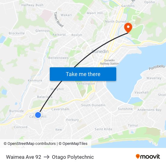 Waimea Ave 92 to Otago Polytechnic map