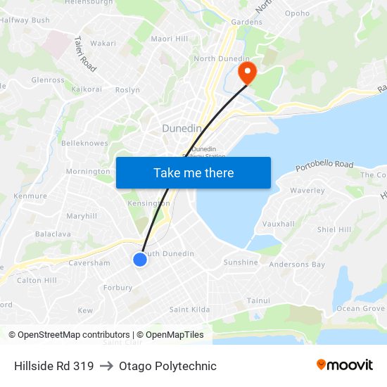 Hillside Rd 319 to Otago Polytechnic map