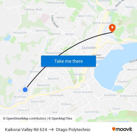 Kaikorai Valley Rd 624 to Otago Polytechnic map