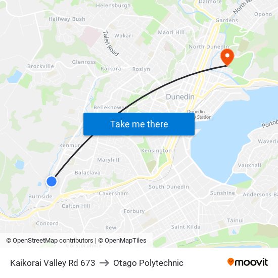 Kaikorai Valley Rd 673 to Otago Polytechnic map