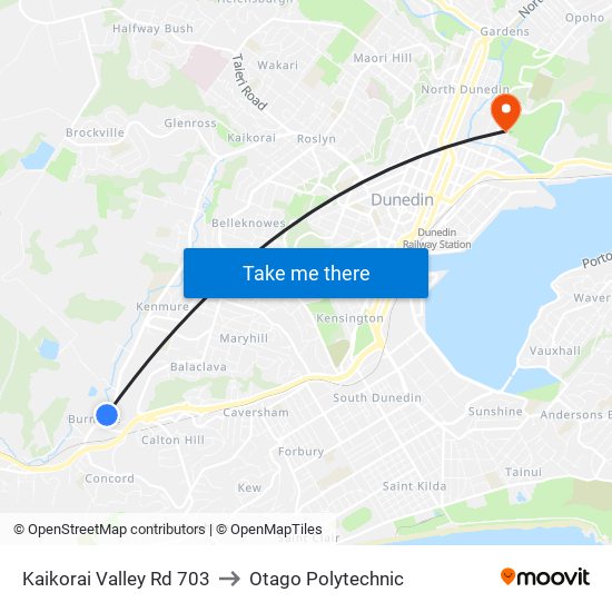 Kaikorai Valley Rd 703 to Otago Polytechnic map