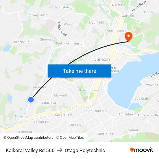 Kaikorai Valley Rd 566 to Otago Polytechnic map