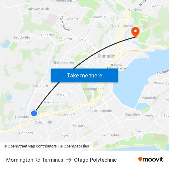 Mornington Rd Terminus to Otago Polytechnic map