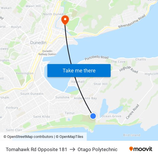 Tomahawk Rd Opposite 181 to Otago Polytechnic map