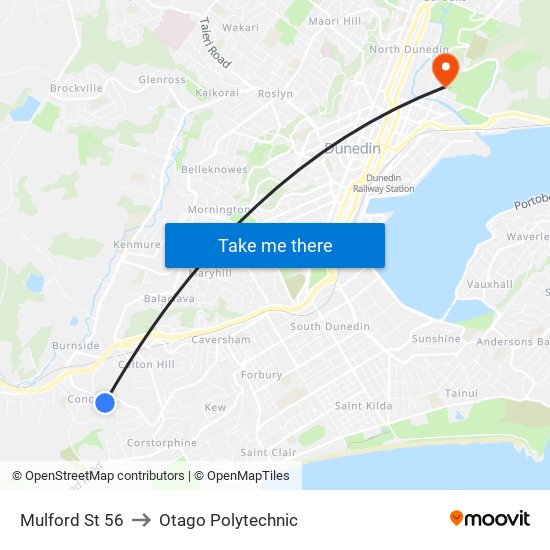 Mulford St 56 to Otago Polytechnic map