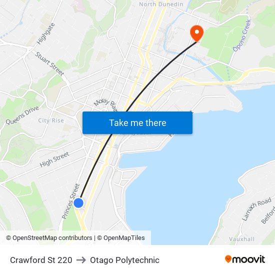 Crawford St 220 to Otago Polytechnic map