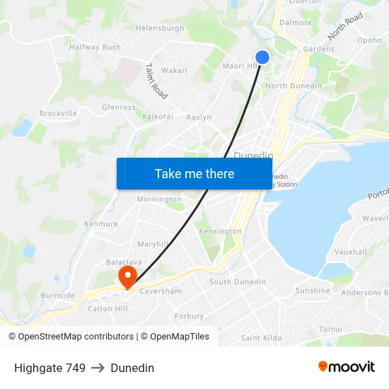Highgate 749 to Dunedin map
