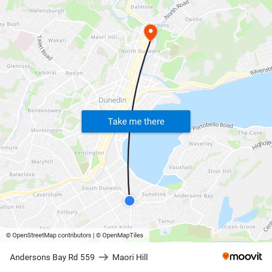 Andersons Bay Rd 559 to Maori Hill map