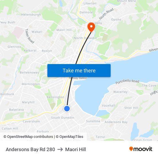 Andersons Bay Rd 280 to Maori Hill map