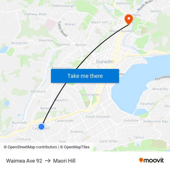 Waimea Ave 92 to Maori Hill map