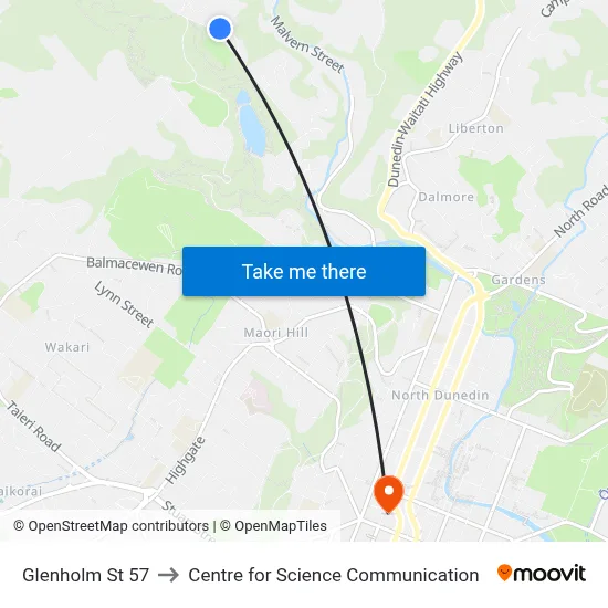 Glenholm St 57 to Centre for Science Communication map