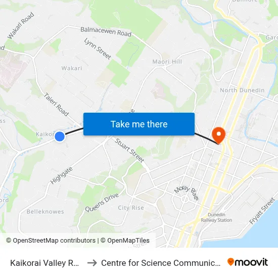 Kaikorai Valley Rd 70 to Centre for Science Communication map