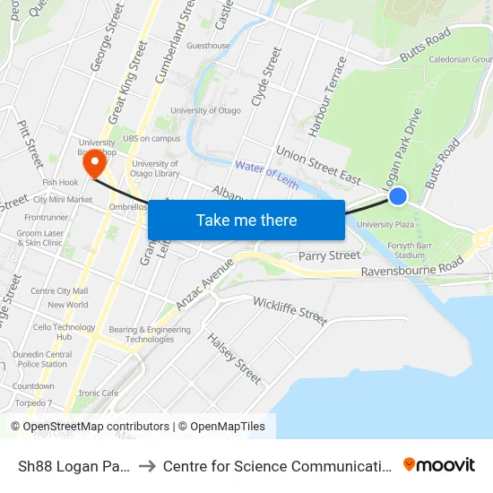 Sh88 Logan Park to Centre for Science Communication map